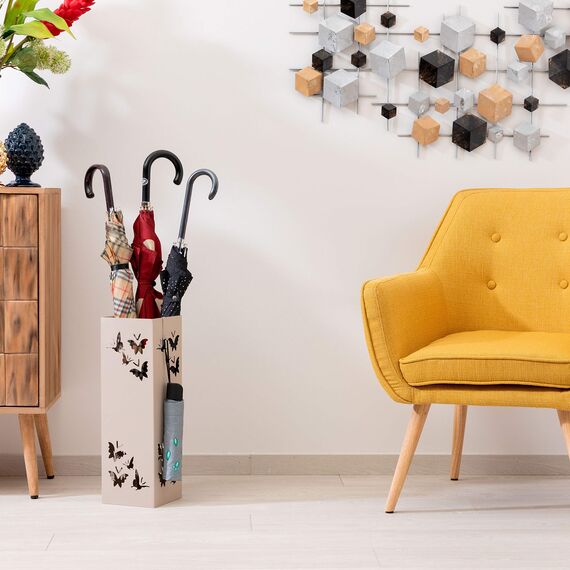 Baroni Home Schirmständer mit modernem Design aus Metall mit Schmetterlingsschnitzerei - Schirmständer mit Haken und herausnehmbarem Ablagefach für Wohnzimmer,Flur und Büro, 15,5x15x49 cm, Beige