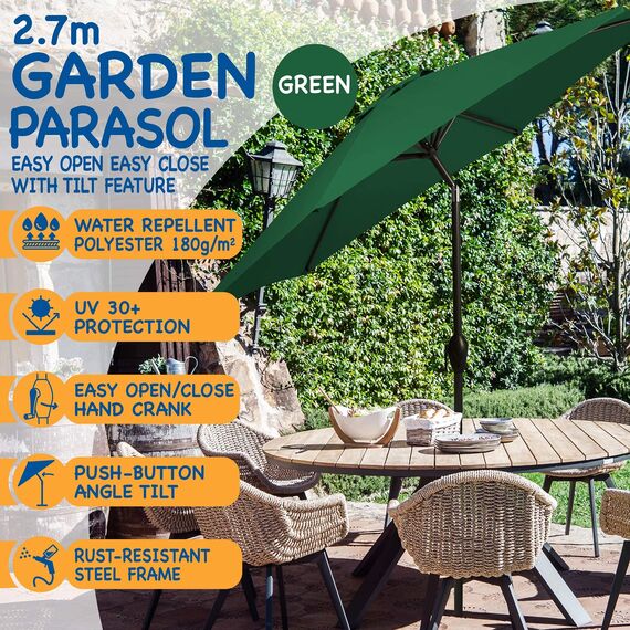 SUNMER 2,7m Sonnenschirm Gartenschirm Sonnenschutz | Polyester 180g/m² (UV 30+) | Kurbelmechanismus | Mastbreite ø 38mm (ohne Boden)