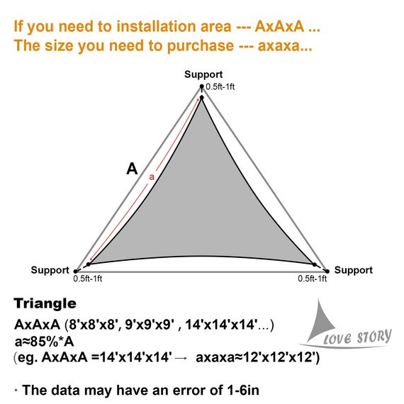 LOVE STORY Dreieckiges Sonnensegel, 33 x 33 x 33 cm, UV-Block für Terrasse, Garten, Dunkelgrau