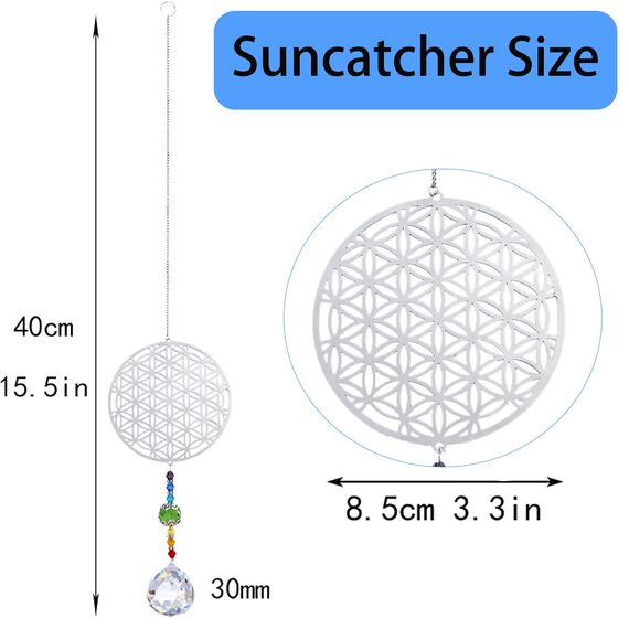 H&D Kristall Regenbogen Sonnenfänger Metall Blume des Lebens Anhänger Glas Chakra Kugelprisma