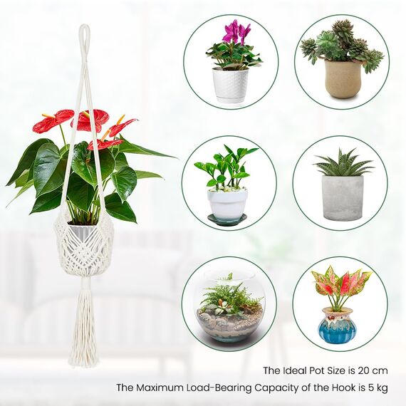 flintronic 4er Set Makramee Blumenampel, Boho Deko Baumwollseil Hängeampel Hängetopf für Pflanzen mit 4Pc S Metallhaken für Innen, Garten, Wohnzimmer, Außen, Balkon, Fenster, Balkone Wanddekoration