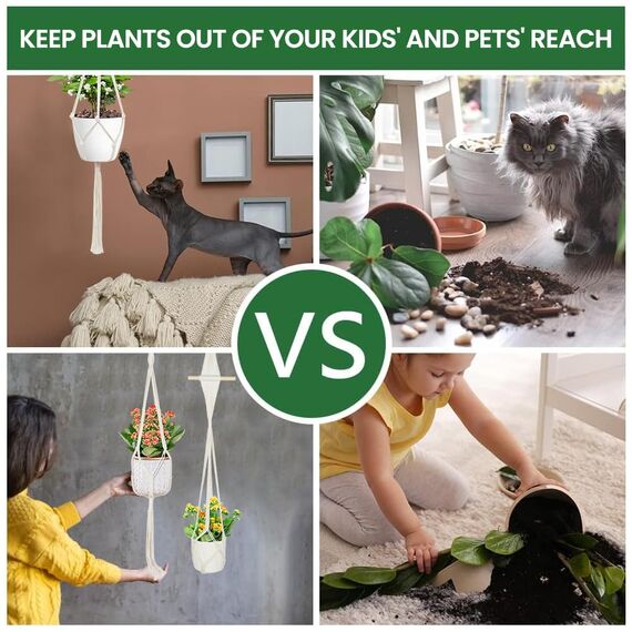 flintronic 4er Set Makramee Blumenampel, Boho Deko Baumwollseil Hängeampel Hängetopf für Pflanzen mit 4Pc S Metallhaken für Innen, Garten, Wohnzimmer, Außen, Balkon, Fenster, Balkone Wanddekoration