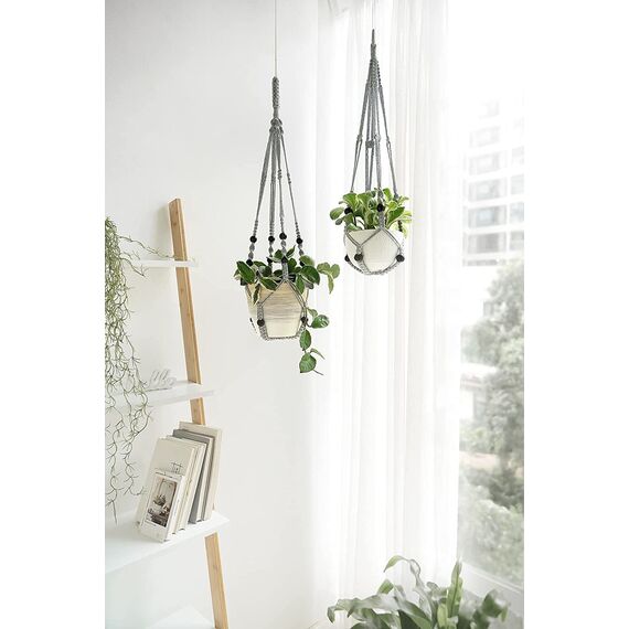 Mkouo Makramee Pflanzenhänger Blumenampel Außen Innen Hängender Blumentöpfe mit Holzperlen Keine Quasten Boho Balkon Deko 89cm, Grey