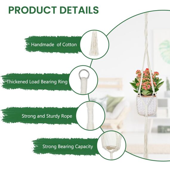 flintronic 4er Set Makramee Blumenampel, Boho Deko Baumwollseil Hängeampel Hängetopf für Pflanzen mit 4Pc S Metallhaken für Innen, Garten, Wohnzimmer, Außen, Balkon, Fenster, Balkone Wanddekoration