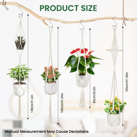 flintronic 4er Set Makramee Blumenampel, Boho Deko Baumwollseil Hängeampel Hängetopf für Pflanzen mit 4Pc S Metallhaken für Innen, Garten, Wohnzimmer, Außen, Balkon, Fenster, Balkone Wanddekoration