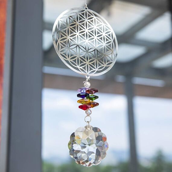 H&D Kronleuchter Hänge Kristall Sonnenfänger Metall Anhänger (Blume des Lebens)