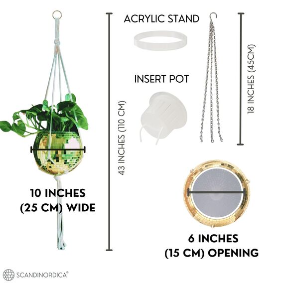 SCANDINORDICA Discokugel-Pflanzgefäß, Vorteilspaket mit Spiegel-Disco-Pflanzgefäß mit Kette, Makramee-Aufhänger und Acrylständer für den Tisch, mit selbstbewässerndem Einsatz, Pflanzzubehör, ca.