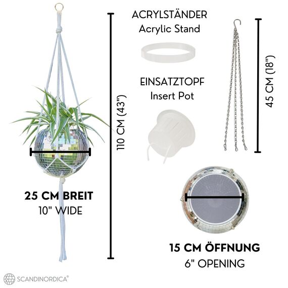 SCANDINORDICA Discokugel blumentopf - Spiegelkugel hängende blumentöpfe, diskokugel Pflanzen, discokugel deko übertopf makramee, Geschenk Freundin | Disco Kugel pflanzentopf – 25 cm Silber