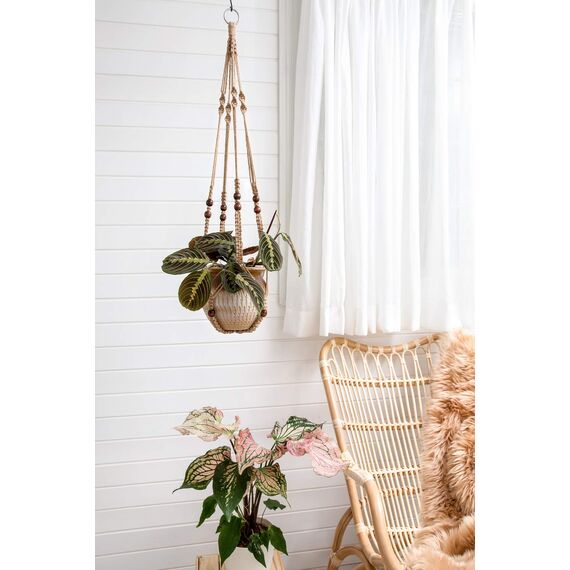 Mkouo 2er Set Makramee Blumenampel Pflanzenhänger Indoor hängenden Pflanzkorb Blumentopfhalter Jute-Seil with Beads No Tassels, 89cm