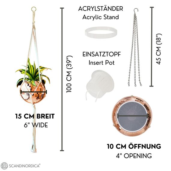 SCANDINORDICA Discokugel blumentopf - Spiegelkugel hängende blumentöpfe, diskokugel Pflanzen, discokugel deko übertopf makramee, Geschenk Freundin | Disco Kugel pflanzentopf – 15 cm Rosegold