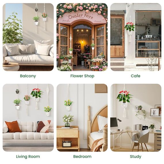 flintronic 4er Set Makramee Blumenampel, Boho Deko Baumwollseil Hängeampel Hängetopf für Pflanzen mit 4Pc S Metallhaken für Innen, Garten, Wohnzimmer, Außen, Balkon, Fenster, Balkone Wanddekoration
