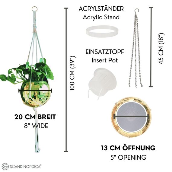 SCANDINORDICA Discokugel blumentopf - Spiegelkugel hängende blumentöpfe, diskokugel Pflanzen, discokugel deko übertopf makramee, Geschenk Freundin | Disco Kugel pflanzentopf – 20 cm Gold