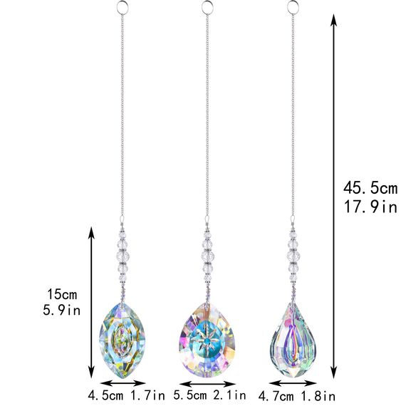 HDCRYSTALGIFTS Kristall-Sonnenfänger, AB-farbige Sonnenfänger mit Kristallen zum Aufhängen an Fenstern, Regenbogenmacher, Prismen, Sonnenfänger, Innen- und Außenbereich, Dekoration, Ornamente, 3 Stück