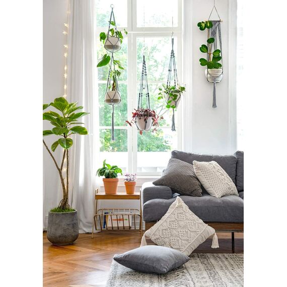 Mkouo Makramee Pflanzenhänger Blumenampel Außen Innen Hängender Blumentöpfe mit Holzperlen Keine Quasten Boho Balkon Deko 89cm, Grey