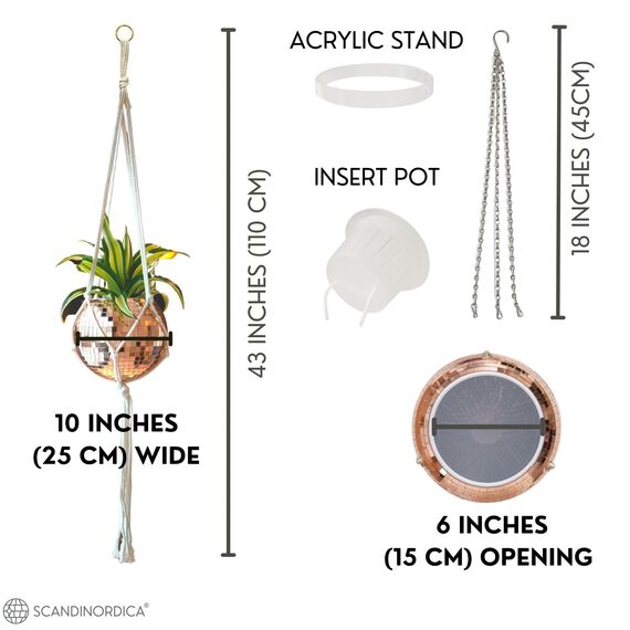 SCANDINORDICA Discokugel-Pflanzgefäß, Vorteilspaket mit Spiegel-Disco-Pflanzgefäß mit Kette, Makramee-Aufhänger und Acrylständer für den Tisch, mit selbstbewässerndem Einsatz, ca. 25,5 cm, Roségold