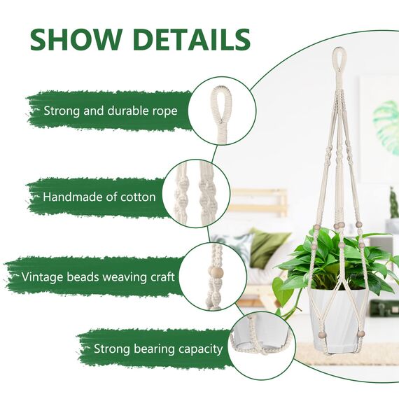 flintronic 1er Set Makramee Blumenampel, Baumwollseil Hängeampel Hängetopf für Pflanzen mit 1Pc S Metallhaken für Innen, Garten, Wohnzimmer，Außen, Balkon, Fenster, Balkone Wanddekoration