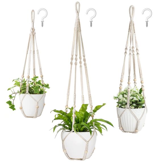 Mkouo 3er Set Makramee Blumenampel Pflanzenhänger Innen Pflanzkorb Hängender Blumentopfhalter Baumwollseil mit Perlen ohne Quasten, 73cm/89cm/109cm, Weiß