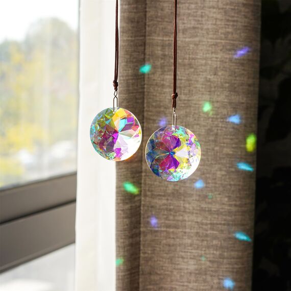 HDCRYSTALGIFTS 2 Stück 45mm Hängende Fenster Kristall Blumen Prismen Sonnenfänger, AB-farbige Kristall-Sonnenfänger hängende Ornamente Regenbogen-Macher Glas-Lichtfänger Anhänger Dekoration