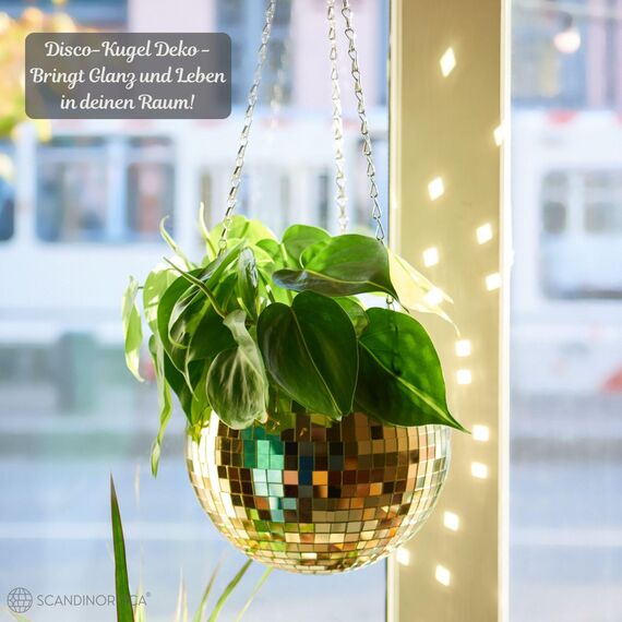 SCANDINORDICA Discokugel blumentopf - Spiegelkugel hängende blumentöpfe, diskokugel Pflanzen, discokugel deko übertopf makramee, Geschenk Freundin | Disco Kugel pflanzentopf – 20 cm Gold