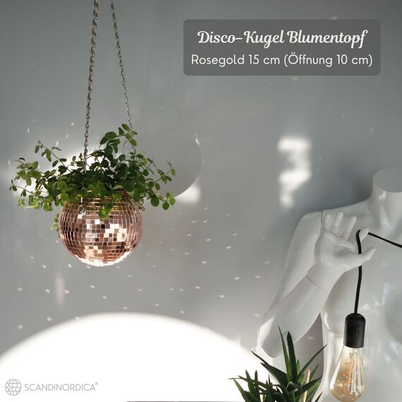 SCANDINORDICA Discokugel blumentopf - Spiegelkugel hängende blumentöpfe, diskokugel Pflanzen, discokugel deko übertopf makramee, Geschenk Freundin | Disco Kugel pflanzentopf – 15 cm Rosegold