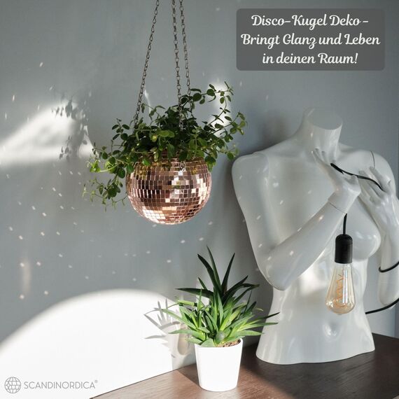 SCANDINORDICA Discokugel blumentopf - Spiegelkugel hängende blumentöpfe, diskokugel Pflanzen, discokugel deko übertopf makramee, Geschenk Freundin | Disco Kugel pflanzentopf – 15 cm Rosegold