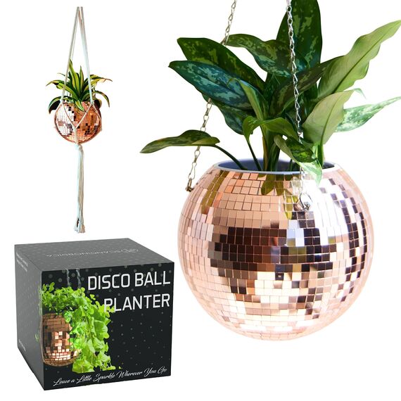 SCANDINORDICA Discokugel-Pflanzgefäß, Vorteilspaket mit Spiegel-Disco-Pflanzgefäß mit Kette, Makramee-Aufhänger und Acrylständer für den Tisch, mit selbstbewässerndem Einsatz, ca. 25,5 cm, Roségold