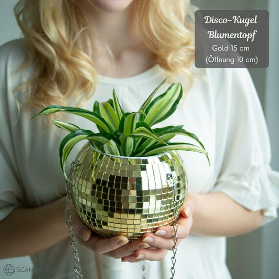 SCANDINORDICA Discokugel blumentopf - Spiegelkugel hängende blumentöpfe, diskokugel Pflanzen, discokugel deko übertopf makramee, Geschenk Freundin | Disco Kugel pflanzentopf – 15 cm Gold