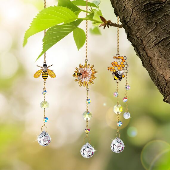 H&D HYALINE & DORA 3 Stück Sonnenfänger mit Kristallwaben, Bienen-Ornamente, Kristalle, Hummel, Wabe mit Glasprismen, Dekoration, Garten, Sonnenfänger, Fenster, hängende Geschenke für Frauen