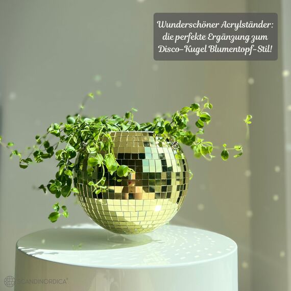 SCANDINORDICA Discokugel blumentopf - Spiegelkugel hängende blumentöpfe, diskokugel Pflanzen, discokugel deko übertopf makramee, Geschenk Freundin | Disco Kugel pflanzentopf – 20 cm Gold