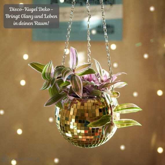 SCANDINORDICA Discokugel blumentopf - Spiegelkugel hängende blumentöpfe, diskokugel Pflanzen, discokugel deko übertopf makramee, Geschenk Freundin | Disco Kugel pflanzentopf – 15 cm Gold