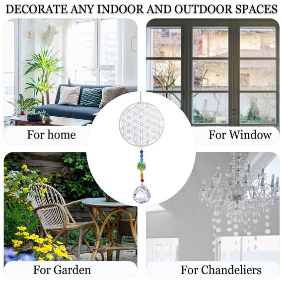 H&D Kristall Regenbogen Sonnenfänger Metall Blume des Lebens Anhänger Glas Chakra Kugelprisma