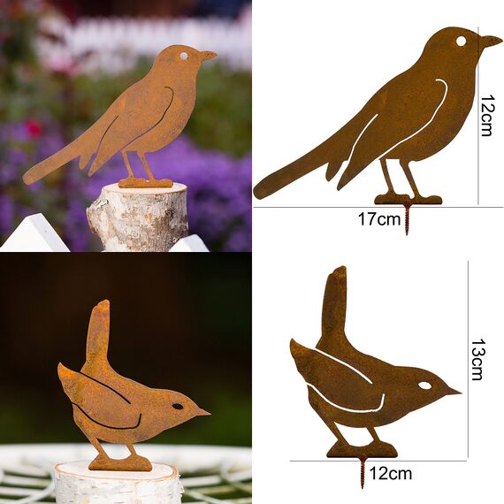 ALEMIN Rost Vogel Gartendeko für Draußen Herbstdeko Outdoor, Garten Deko 4 Rost Metall Vögel Gartenstecker mit Schraube