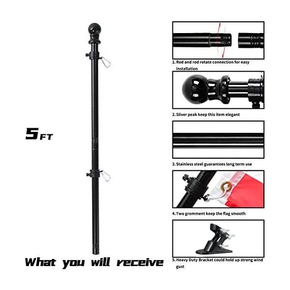 Fahnenmast mit Halterung, 1.5 m, Fahnenmast-Set, amerikanische Flagge mit Stangenhalterung, Edelstahl, strapazierfähig, für Garten, Hof, rostfrei (1.5 m, schwarzer Fahnenmast mit schwarzer Halterung)