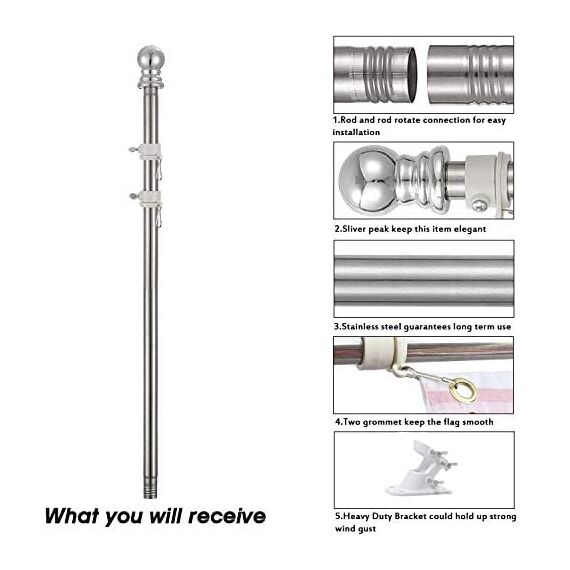 TALITARE Fahnenmast aus Aluminium Silber mit Fahnenmasthalter aus Edelstahl, Edelstahl 180 cm Fahnenstange kit mit Halterung mit Drehbaren Ringen/Weiße Basis