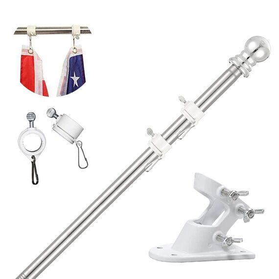 TALITARE Fahnenmast aus Aluminium Silber mit Fahnenmasthalter aus Edelstahl, Edelstahl 150 cm Fahnenstange kit mit Halterung mit Drehbaren Ringen/Weiße Basis
