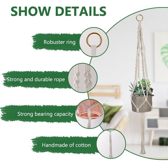 flintronic 3er Set Makramee Blumenampel, Baumwollseil Hängeampel Hängetopf für Pflanzen mit 3Pc S Metallhaken für Innen, Garten, Wohnzimmer，Außen, Balkon, Fenster, Balkone Wanddekoration