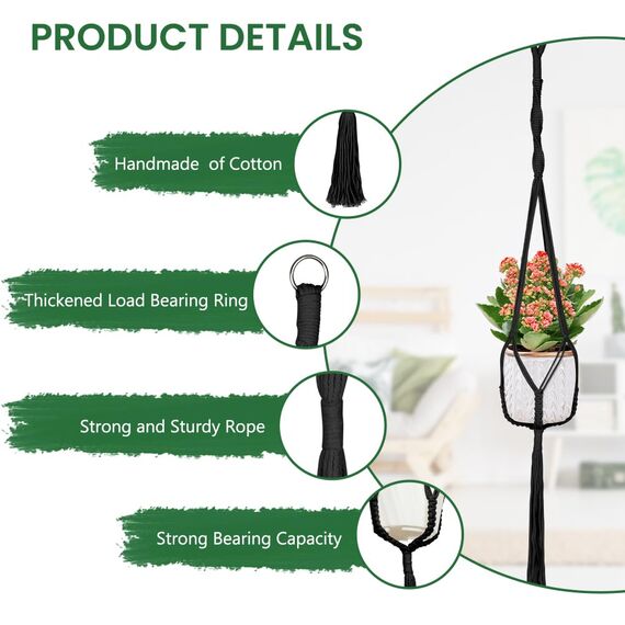 flintronic 4er Set Makramee Blumenampel, Boho Deko Baumwollseil Hängeampel Hängetopf für Pflanzen mit 4Pc S Metallhaken für Innen, Garten, Wohnzimmer, Außen, Balkon, Fenster, Balkone Wanddekoration