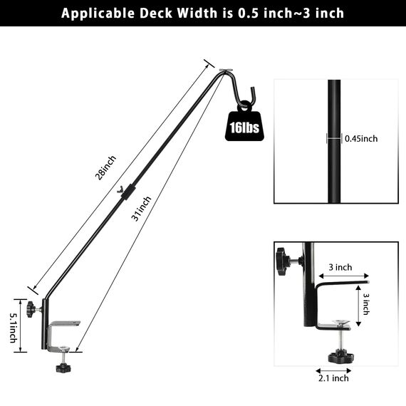 FEED GARDEN 31 Zoll Heavy Duty Deck Haken, rutschfeste Klemme, 360 Grad drehbar, schwarz für Vogelfutterspender, Pflanzgefäße, Talgkörbe, Laternen, Windspiele, 2 Stück