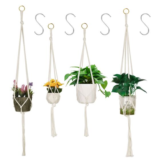 Flintronic 4er Set Makramee Blumenampel, Baumwollseil Hängeampel Hängetopf für Pflanzen mit 4Pc S Metallhaken für Innen, Garten, Wohnzimmer，Außen, Balkon, Fenster, Balkone Wanddekoration