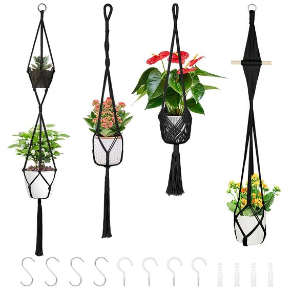 flintronic 4er Set Makramee Blumenampel, Boho Deko Baumwollseil Hängeampel Hängetopf für Pflanzen mit 4Pc S Metallhaken für Innen, Garten, Wohnzimmer, Außen, Balkon, Fenster, Balkone Wanddekoration