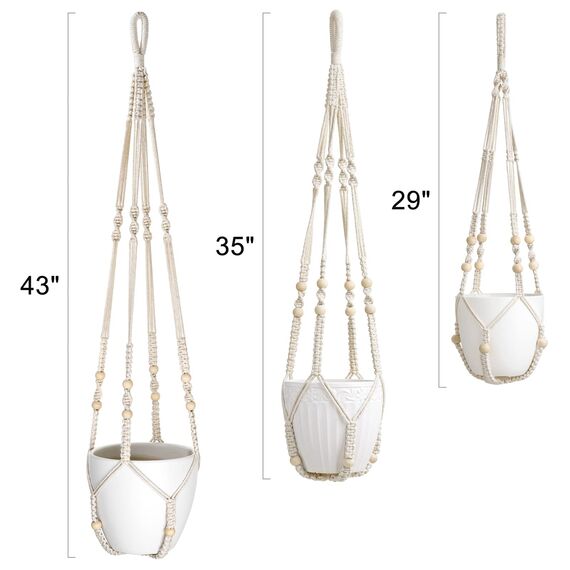 Mkouo 3er Set Makramee Blumenampel Pflanzenhänger Innen Pflanzkorb Hängender Blumentopfhalter Baumwollseil mit Perlen ohne Quasten, 73cm/89cm/109cm, Weiß
