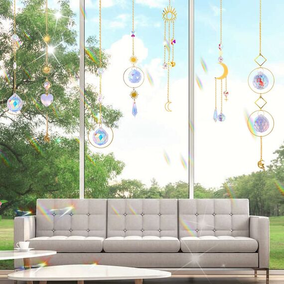 7 Stück Sonnenfänger Kristall, Sonnenfänger Garten Mond Stern Regenbogen Kristall Suncatcher Fensterschmuck Hängend Gartendeko für Draußen Ramadan Deko Hochzeit Party