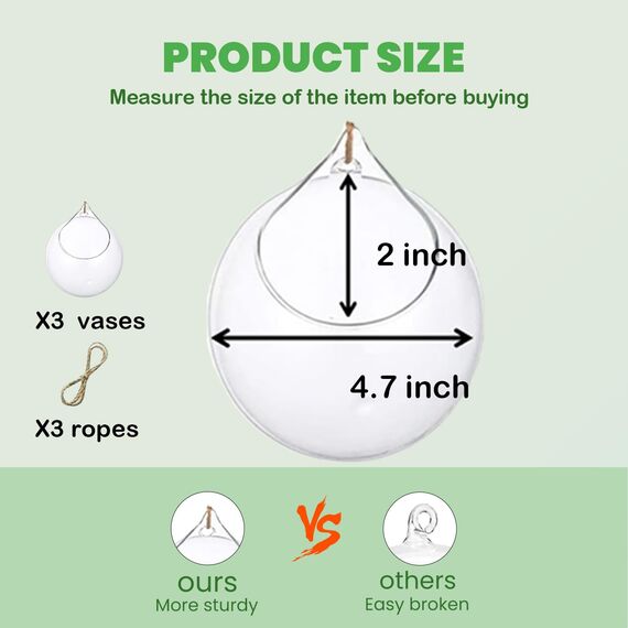 Hängendes Pflanzgefäß aus Glas, Luftfarnhalter, Terrarienbehälter, Luftpflanzen, Sukkulenten, Globusform, Heim-/Gartendekoration, Geschenk für Pflanzenliebhaber, 3 Stück, 11,9 cm