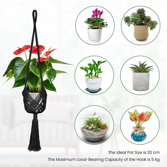 flintronic 4er Set Makramee Blumenampel, Boho Deko Baumwollseil Hängeampel Hängetopf für Pflanzen mit 4Pc S Metallhaken für Innen, Garten, Wohnzimmer, Außen, Balkon, Fenster, Balkone Wanddekoration