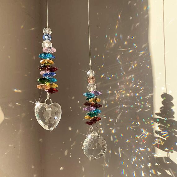 H&D HYALINE & DORA Sonnenfänger Kristall Herz Prisma Glas Chakra Perlen, Sonnenfänger Fensterdekoration, 2 Stück