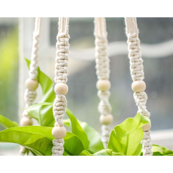 Mkouo 3er Set Makramee Blumenampel Pflanzenhänger Innen Pflanzkorb Hängender Blumentopfhalter Baumwollseil mit Perlen ohne Quasten, 73cm/89cm/109cm, Weiß