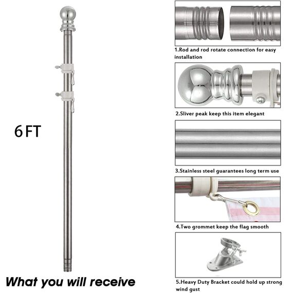 TALITARE Fahnenmast aus Aluminium Silber mit Fahnenmasthalter aus Edelstahl, Edelstahl 180 cm Fahnenstange kit mit Halterung mit Drehbaren Ringen/Silber Basis