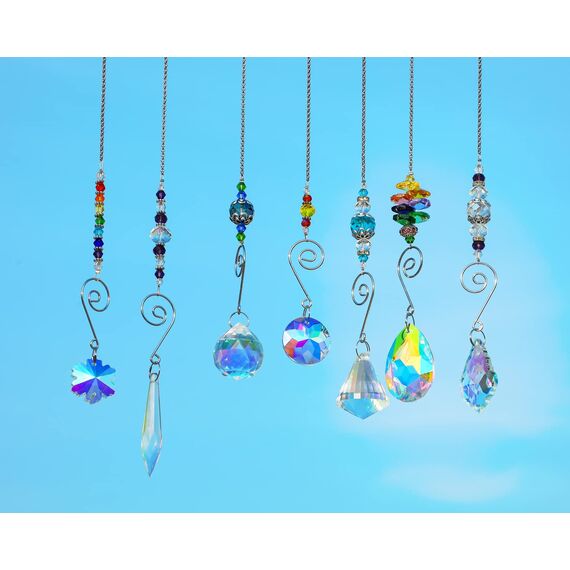 H&D Hyaline & Dora 7 Stück Kristall Sonnenfänger zum Aufhängen mit bunten Perlen Prisma Kettenanhänger, Weihnachtsschmuck, Fenster, Zuhause, Wand, Baum, Autos, hängende Dekoration
