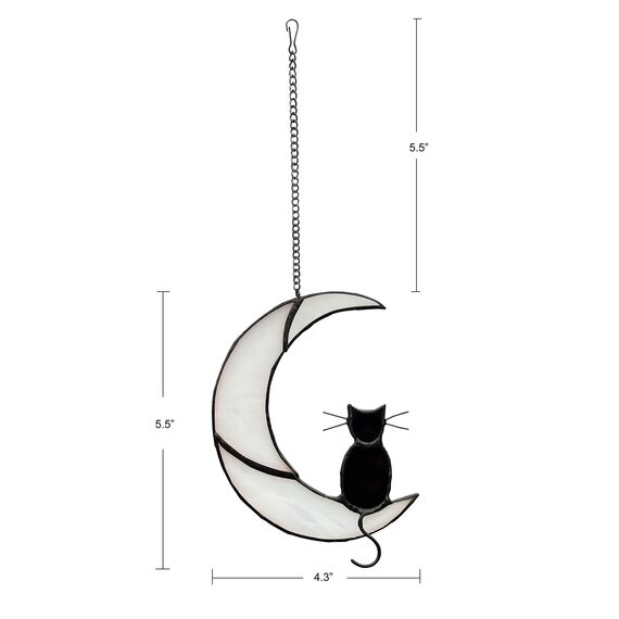 Schwarze Katze Dekor auf weißem Mond Buntglas Fenster hängende Sonnenfänger für Fenster Paneele Sonnenfänger Halloween Ornament Dekoration Gedenkgeschenk für Liebhaber Katze Verlust