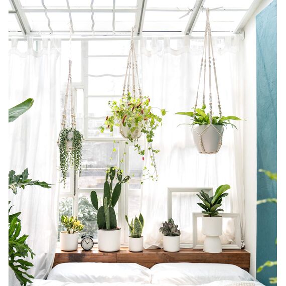 Mkouo 3er Set Makramee Blumenampel Pflanzenhänger Innen Pflanzkorb Hängender Blumentopfhalter Baumwollseil mit Perlen ohne Quasten, 73cm/89cm/109cm, Weiß